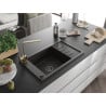 Mexen Elias 1-bowl granite sink with drainer and Rita kitchen tap, black/gold metallic - 6511-75-670300-50-B