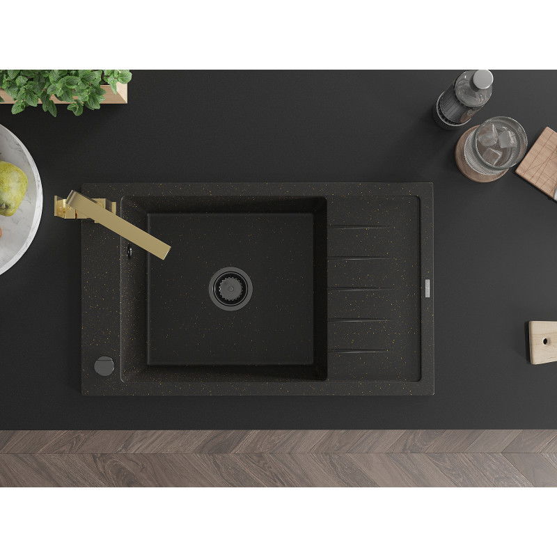 Mexen Elias 1-bowl granite sink with drainer and Rita kitchen tap, black/gold metallic - 6511-75-670300-50-B
