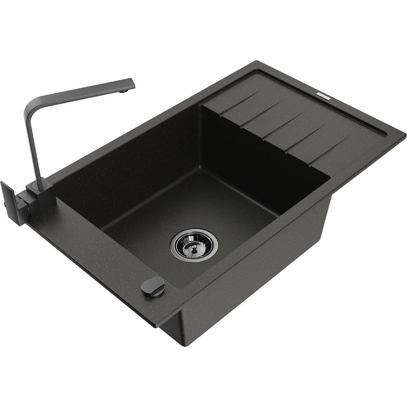 Mexen Elias 1-Bowl Granite Sink with Drainer and Kitchen Faucet Rita, Black/Gold Metallic - 6511-75-670300-70-B