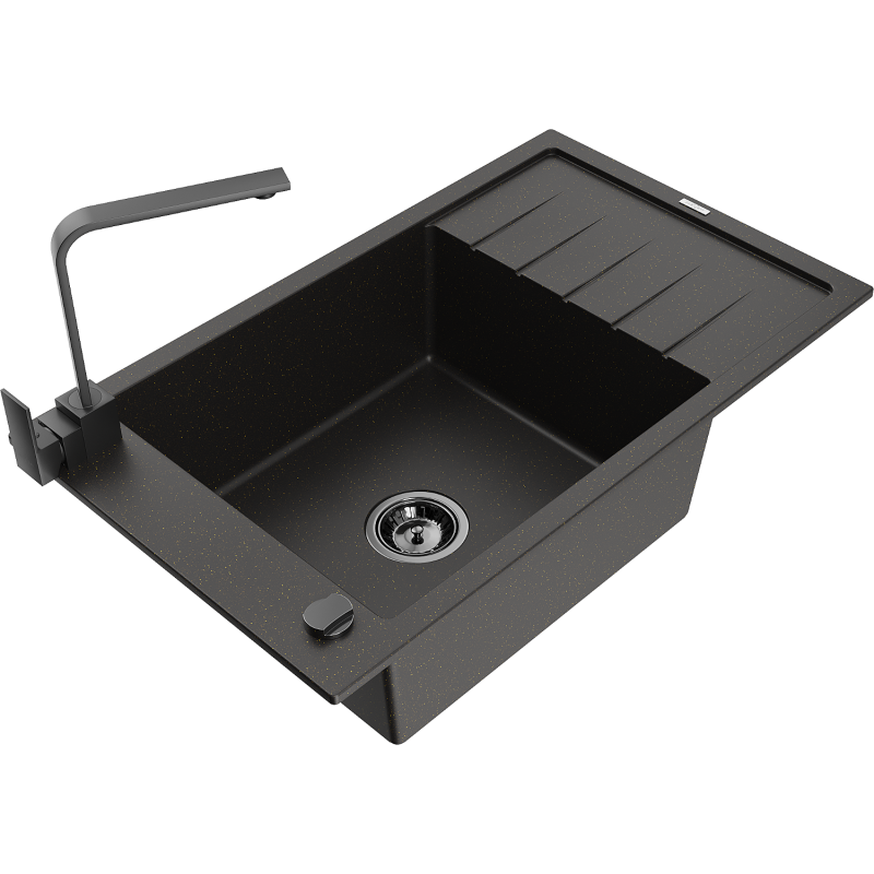 Mexen Elias 1-compartment granite sink with a drip tray and kitchen mixer tap Rita, Black/Gold metallic - 6511-75-670300-70-B
