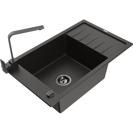 Mexen Elias 1-compartment granite sink with a drip tray and kitchen mixer tap Rita, Black/Gold metallic - 6511-75-670300-70-B