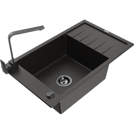 Mexen Elias granite kitchen sink 1-bowl with drainer and kitchen faucet Rita, black/golden metallic - 6511-75-670300-70-B
