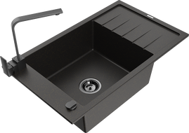Mexen Elias 1-Bowl Granite Sink with Drainer and Kitchen Faucet Rita, Black/Gold Metallic - 6511-75-670300-70-B