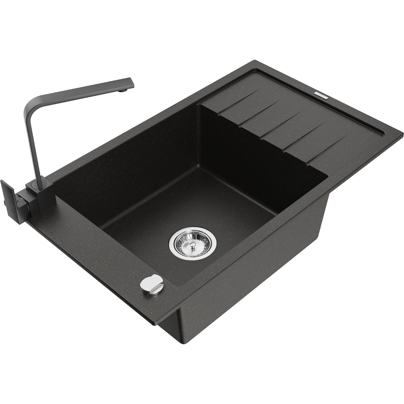 Mexen Elias 1-compartment granite sink with a drip tray and kitchen mixer tap Rita, Black/Gold metallic - 6511-75-670300-70