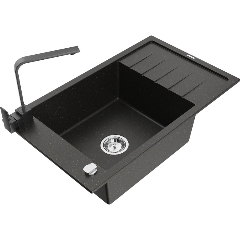 Mexen Elias granite sink 1-bowl with drainer and Rita kitchen faucet, black/gold metallic - 6511-75-670300-70
