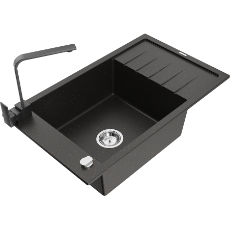 Mexen Elias granite sink 1-bowl with drainer and Rita kitchen faucet, black/gold metallic - 6511-75-670300-70