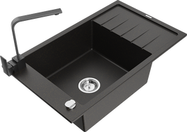 Mexen Elias granite single-bowl sink with drainer and kitchen faucet Rita, black/gold metallic - 6511-75-670300-70