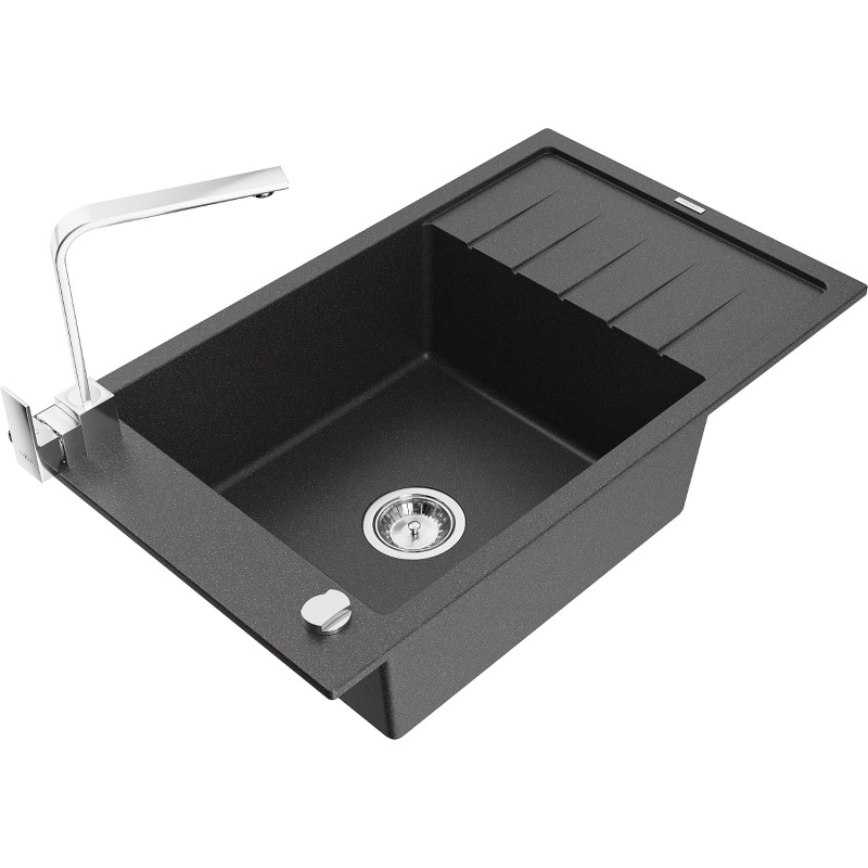 Mexen Elias 1-Bowl Granite Sink with Drainer and Rita Kitchen Faucet, Speckled Black - 6511-76-670300-00