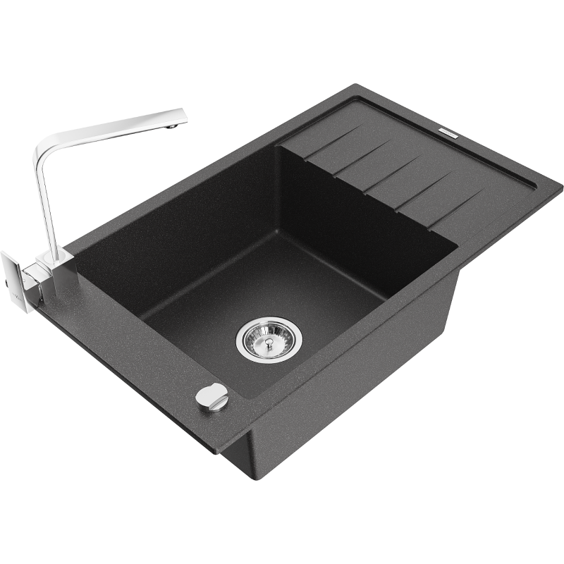 Mexen Elias 1-Bowl Granite Sink with Drainer and Rita Kitchen Tap, Black Speckled - 6511-76-670300-00
