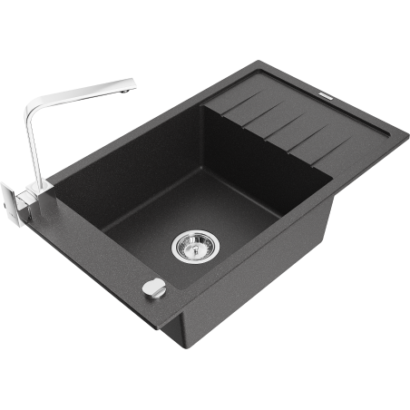 Mexen Elias 1-Bowl Granite Sink with Drainer and Rita Kitchen Faucet, Speckled Black - 6511-76-670300-00