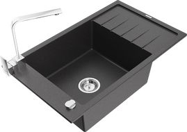 Mexen Elias 1-Bowl Granite Sink with Drainer and Rita Kitchen Tap, Black Speckled - 6511-76-670300-00