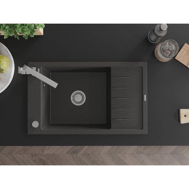 Mexen Elias 1-Bowl Granite Sink with Drainer and Rita Kitchen Faucet, Speckled Black - 6511-76-670300-00