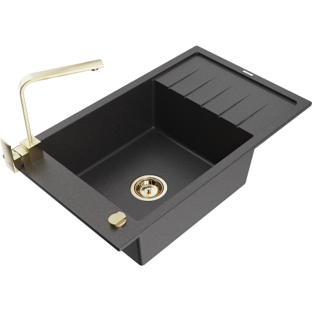 Mexen Elias 1-compartment granite sink with a drip tray and kitchen mixer tap Rita, spotted black - 6511-76-670300-50