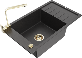 Mexen Elias 1-compartment granite sink with a drip tray and kitchen mixer tap Rita, spotted black - 6511-76-670300-50