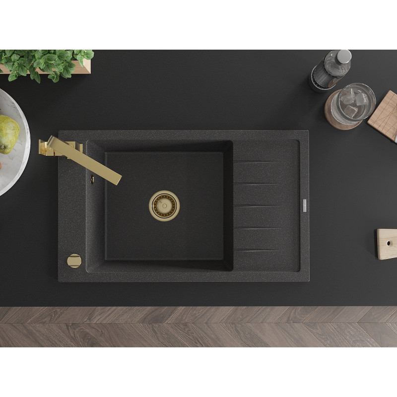 Mexen Elias 1-bowl granite sink with drainer and Rita kitchen faucet, speckled black - 6511-76-670300-50