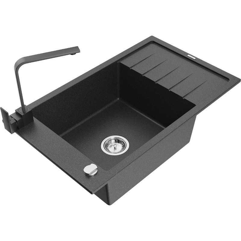 Mexen Elias granite kitchen sink 1-bowl with drainer and kitchen faucet Rita, speckled black - 6511-76-670300-70
