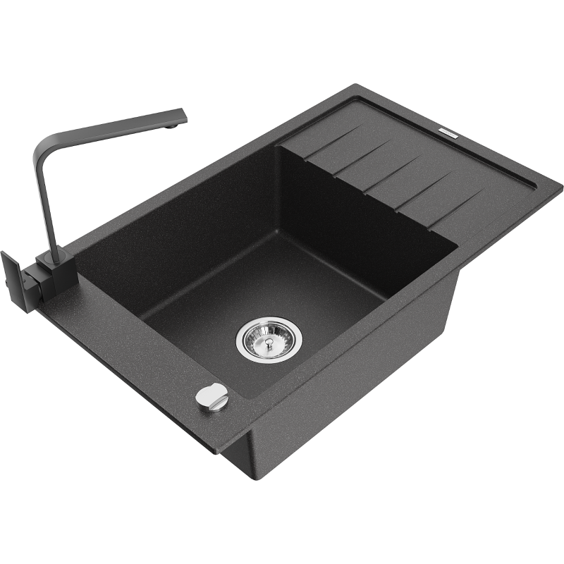 Mexen Elias granite sink 1-bowl with drainer and Rita kitchen tap, spotted black - 6511-76-670300-70