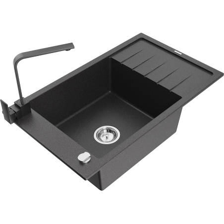 Mexen Elias granite kitchen sink 1-bowl with drainer and kitchen faucet Rita, speckled black - 6511-76-670300-70