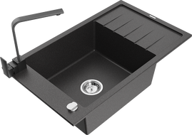 Mexen Elias granite kitchen sink 1-bowl with drainer and kitchen faucet Rita, black speckled - 6511-76-670300-70