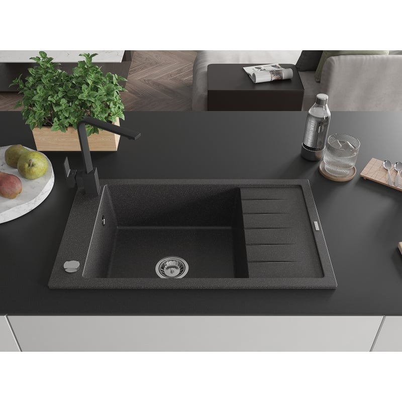 Mexen Elias granite kitchen sink 1-bowl with drainer and kitchen faucet Rita, speckled black - 6511-76-670300-70