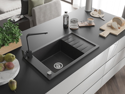 Mexen Elias granite sink 1-bowl with drainer and Rita kitchen tap, spotted black - 6511-76-670300-70