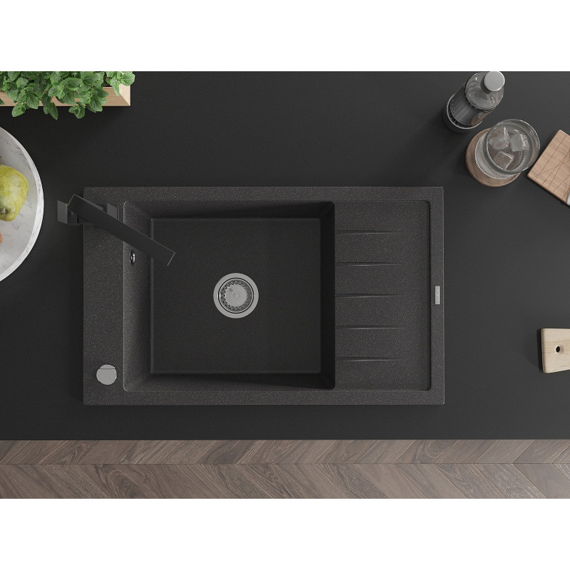 Mexen Elias granite kitchen sink 1-bowl with drainer and kitchen faucet Rita, speckled black - 6511-76-670300-70