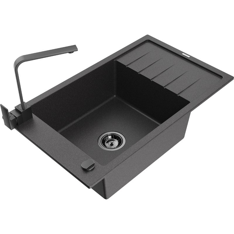 Mexen Elias 1-compartment granite sink with a drip tray and kitchen mixer tap Rita, spotted black - 6511-76-670300-70-B