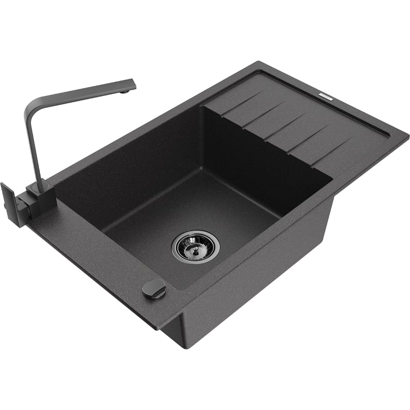 Mexen Elias granite kitchen sink 1-bowl with drainer and kitchen faucet Rita, speckled black - 6511-76-670300-70-B