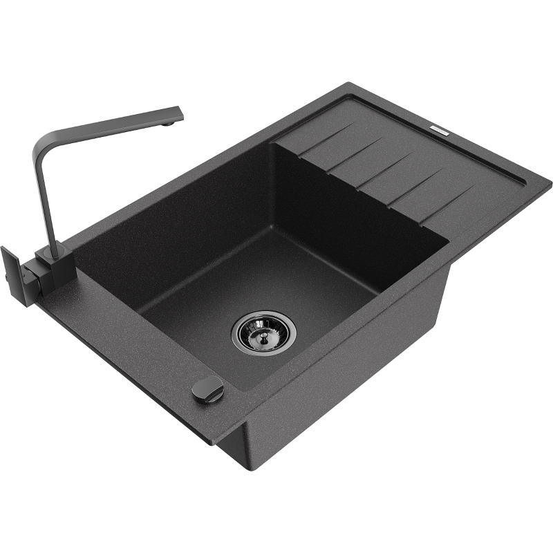 Mexen Elias granite sink 1-bowl with drainer and kitchen tap Rita, black speckled - 6511-76-670300-70-B