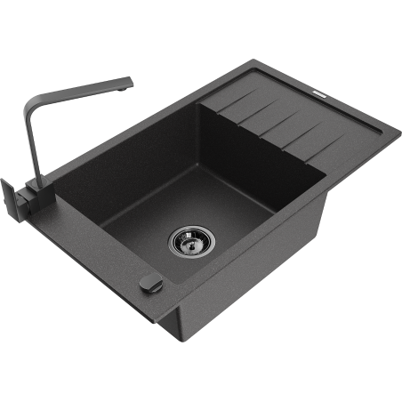 Mexen Elias granite kitchen sink 1-bowl with drainer and kitchen faucet Rita, speckled black - 6511-76-670300-70-B