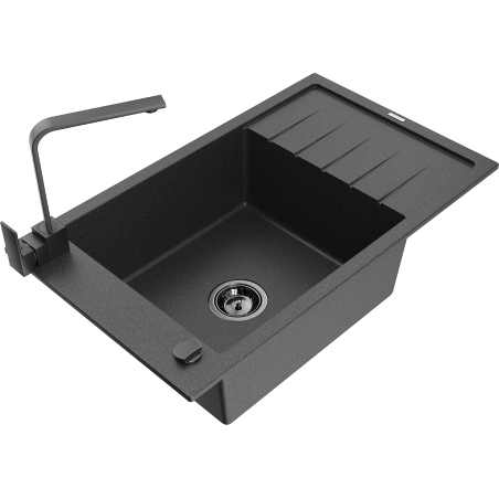 Mexen Elias granite sink 1-bowl with drainer and kitchen tap Rita, black speckled - 6511-76-670300-70-B
