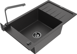 Mexen Elias granite kitchen sink 1-bowl with drainer and kitchen faucet Rita, black speckled - 6511-76-670300-70-B