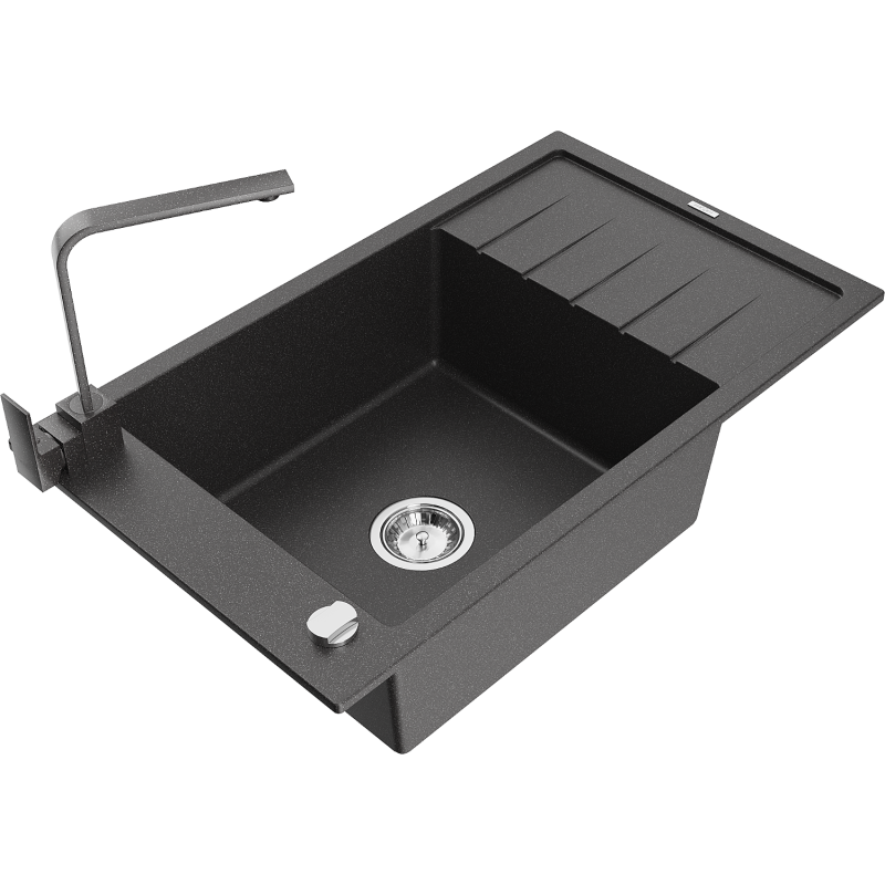 Mexen Elias 1-compartment granite sink with a drip tray and kitchen mixer tap Rita, spotted black - 6511-76-670300-76