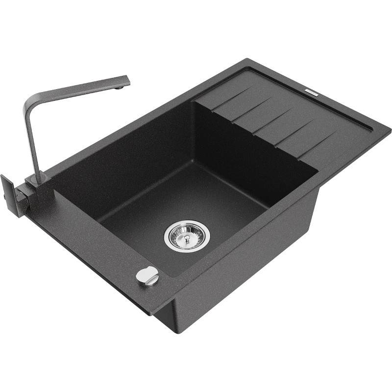 Mexen Elias granite sink 1-bowl with drainer and kitchen faucet Rita, speckled black - 6511-76-670300-76