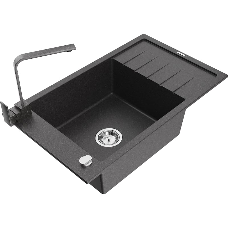 Mexen Elias granite sink 1-bowl with drainer and Rita kitchen faucet, black speckled - 6511-76-670300-76