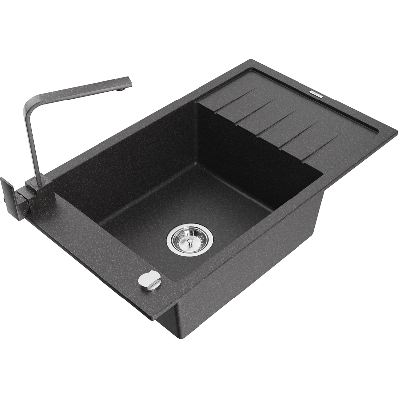 Mexen Elias granite sink single-bowl with drainer and kitchen tap Rita, speckled black - 6511-76-670300-76
