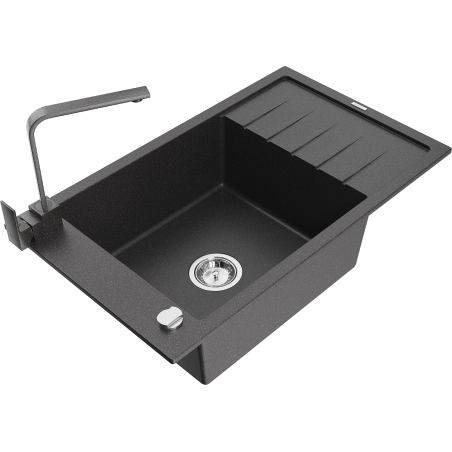 Mexen Elias granite sink 1-bowl with drainer and Rita kitchen faucet, black speckled - 6511-76-670300-76