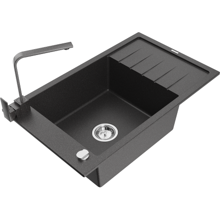 Mexen Elias granite sink single-bowl with drainer and kitchen tap Rita, speckled black - 6511-76-670300-76