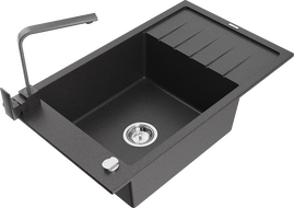 Mexen Elias granite sink 1-bowl with drainer and kitchen faucet Rita, speckled black - 6511-76-670300-76