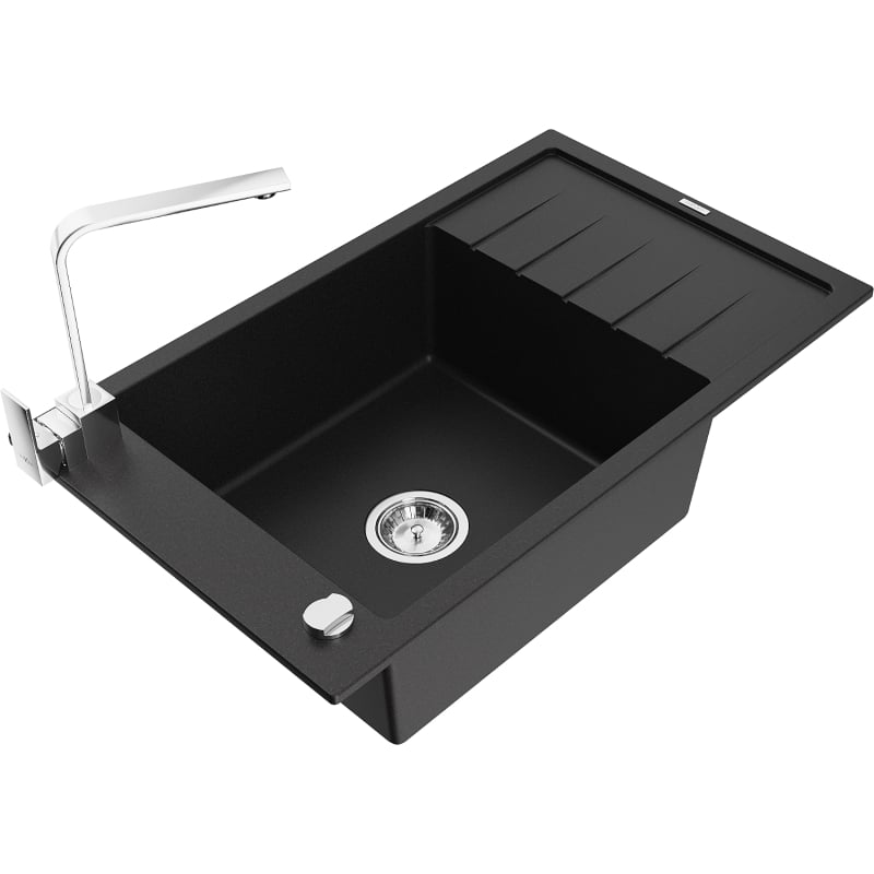 Mexen Elias 1-bowl granite sink with drainer and Rita kitchen faucet, black - 6511-77-670300-00