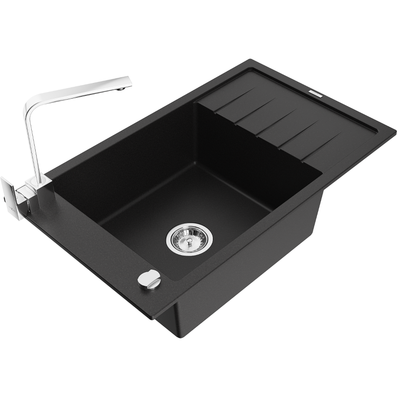 Mexen Elias 1-compartment granite sink with a drip tray and kitchen mixer tap Rita, Black - 6511-77-670300-00