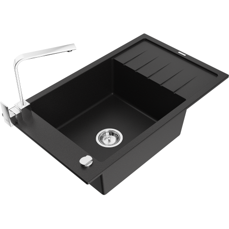 Mexen Elias granite kitchen sink 1-bowl with drainer and Rita kitchen tap, black - 6511-77-670300-00