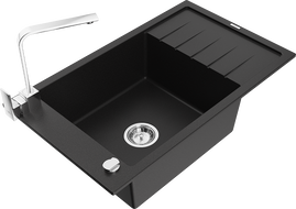 Mexen Elias granite kitchen sink 1-bowl with drainer and Rita kitchen tap, black - 6511-77-670300-00