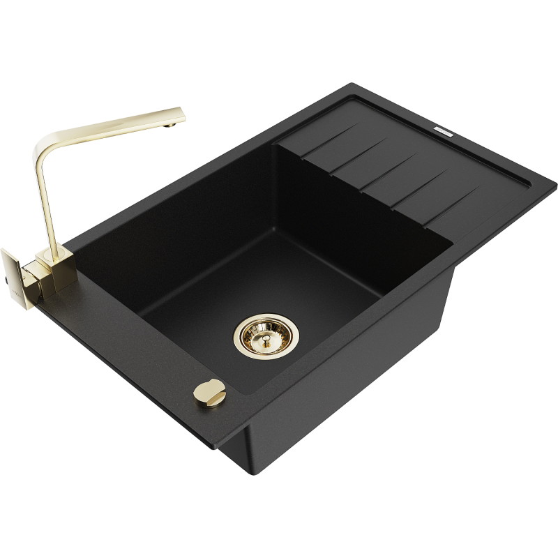 Mexen Elias granite kitchen sink 1-bowl with drainer and kitchen faucet Rita, black - 6511-77-670300-50