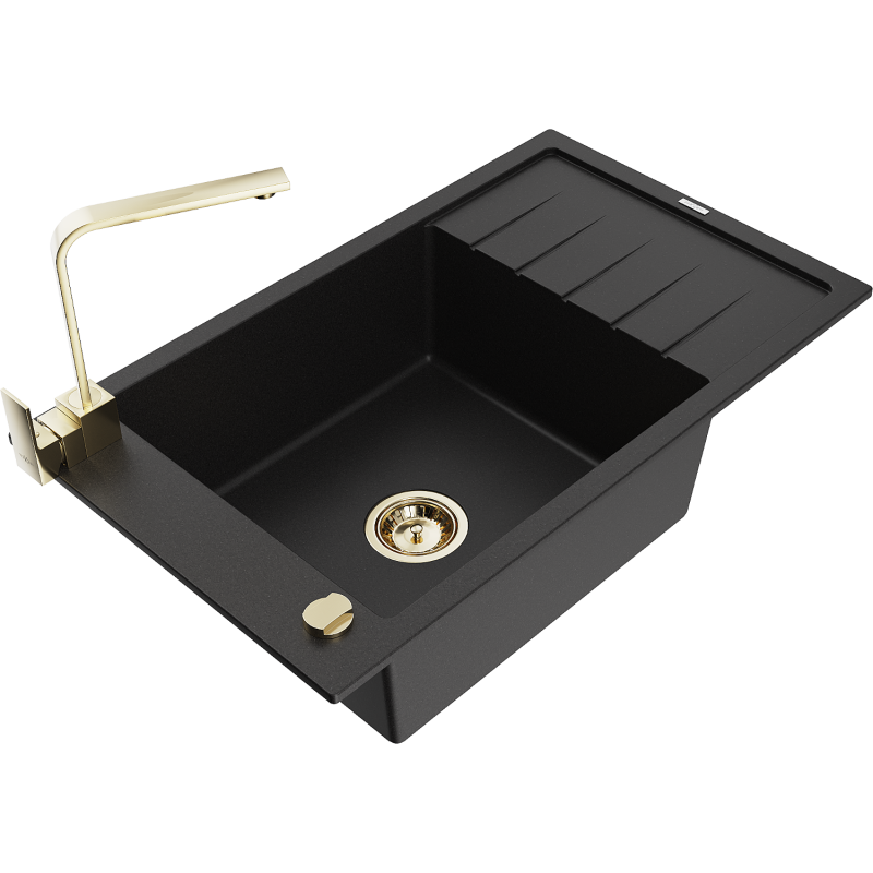 Mexen Elias granite sink 1-bowl with drainer and Rita kitchen tap, black - 6511-77-670300-50
