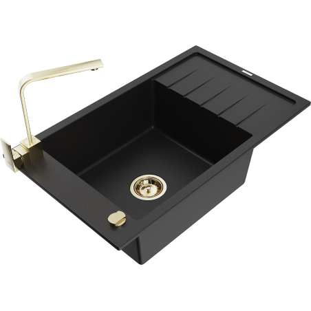 Mexen Elias 1-compartment granite sink with a drip tray and kitchen mixer tap Rita, Black - 6511-77-670300-50