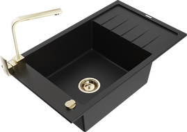 Mexen Elias 1-compartment granite sink with a drip tray and kitchen mixer tap Rita, Black - 6511-77-670300-50