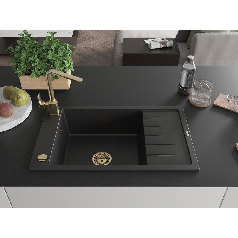 Mexen Elias granite sink 1-bowl with drainer and Rita kitchen tap, black - 6511-77-670300-50