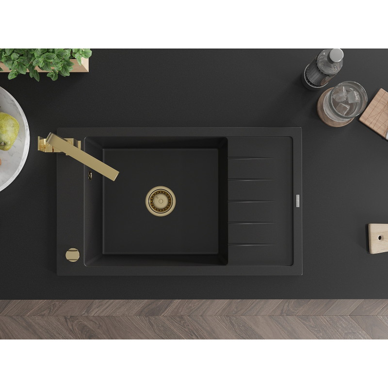 Mexen Elias granite kitchen sink 1-bowl with drainer and kitchen faucet Rita, black - 6511-77-670300-50