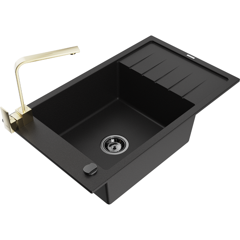 Mexen Elias 1-bowl granite sink with drainer and Rita kitchen tap, black - 6511-77-670300-50-B